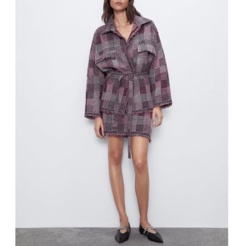 ZARA 2 PCS Plaid Knit Metallic Thread Jacket + Skirt